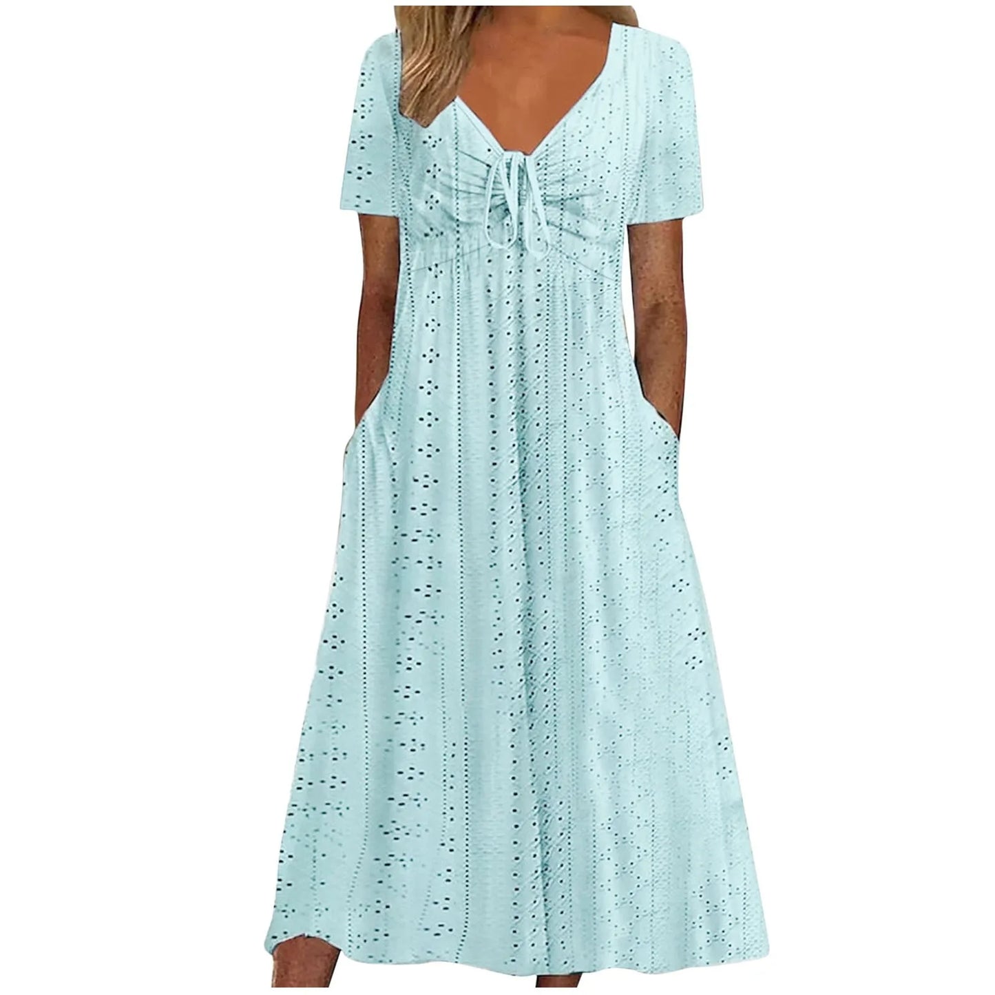 Women's Hollow Out Eyelet Beach Dress Solid Colour V-Neck Tie Short Sleeve Loose Long Dress With Pockets 2025 Boho Summer Dress