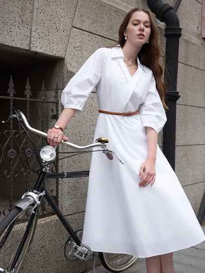 FSLE Autumn Women Wedding Guest Dress Spring Long Sleeves Dress Three-quarter Sleeve Cotton Elegant 2025 Slim Waist  Dress