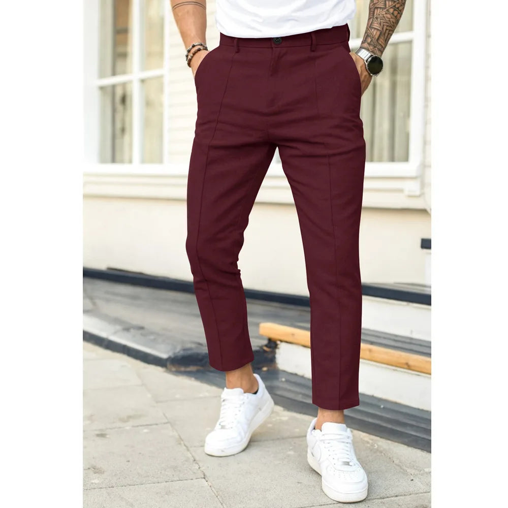 Men's Casual Pure Color Double Fold Line West Pants Spring Summer Autumn Fashion City Style Cotton Polyester Blend Leisure Tr...