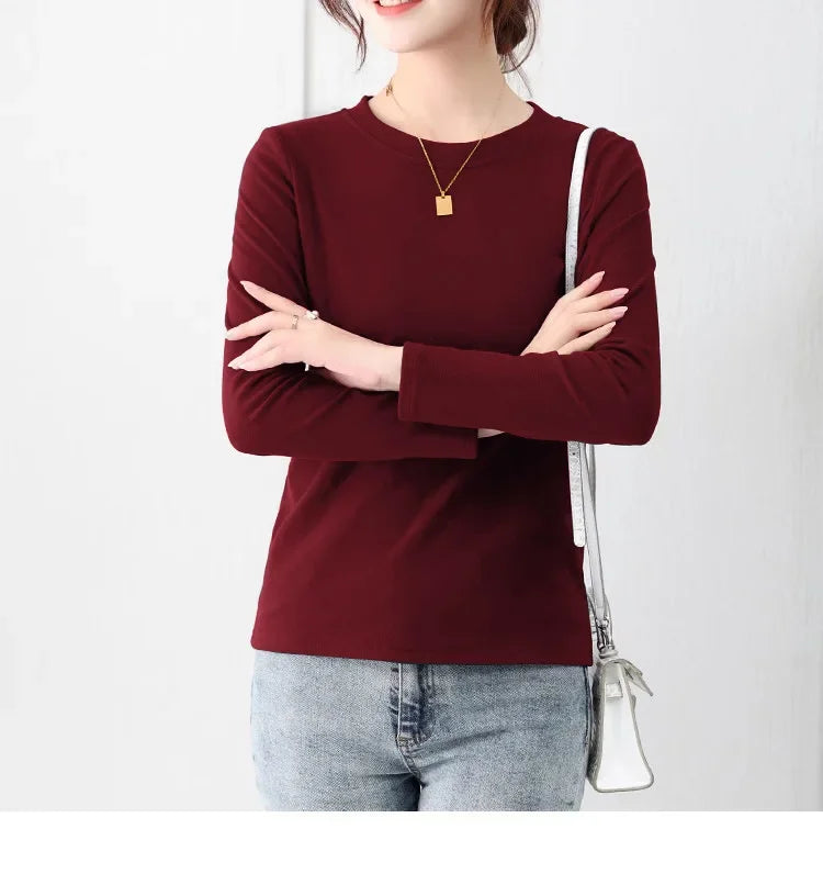Korean Style Women's round Neck Long Sleeve Base Shirt Early Autumn New Pure Color Threaded Top Trendy T-shirt Slim Fit