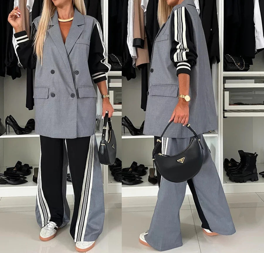 Casual Two Piece Sets Womens Outifits Fall Long Sleeved Patchwork Double Breasted Suit Coat Loose Pant Two-piece Set Winter 2024