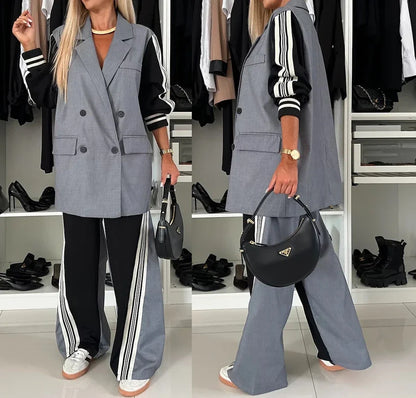 Casual Two Piece Sets Womens Outifits Fall Long Sleeved Patchwork Double Breasted Suit Coat Loose Pant Two-piece Set Winter 2024