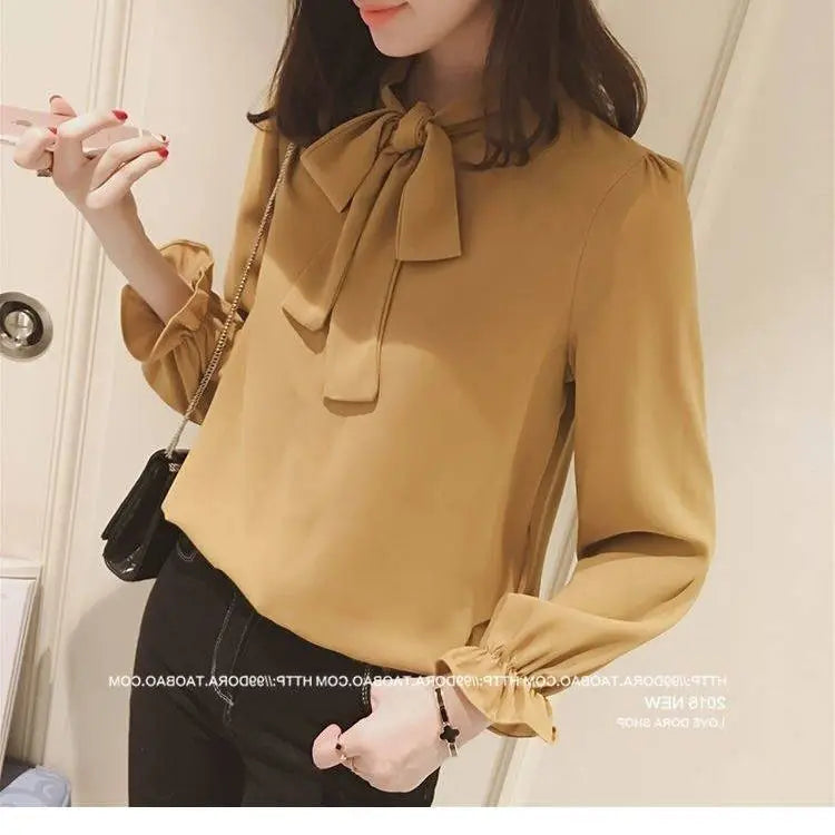 Hot Sale Blouse Women Elegant Fashion Bow Autumn Long Sleeve French Style Casual Vintage Female Feminine Daily Solid Breathable