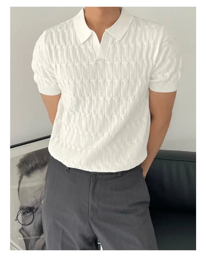 Summer Clothing Men's Luxury Knitted Jacquard Skinny Polo Shirt Korean Popular Breathable Leisure V Neck Short Sleeve Knitwear