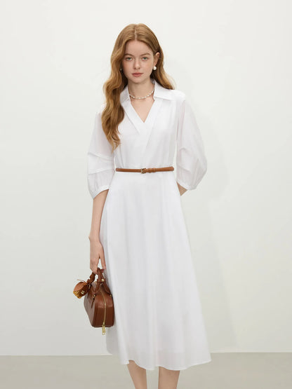 FSLE Autumn Women Wedding Guest Dress Spring Long Sleeves Dress Three-quarter Sleeve Cotton Elegant 2025 Slim Waist  Dress
