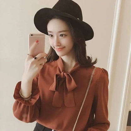 Hot Sale Blouse Women Elegant Fashion Bow Autumn Long Sleeve French Style Casual Vintage Female Feminine Daily Solid Breathable