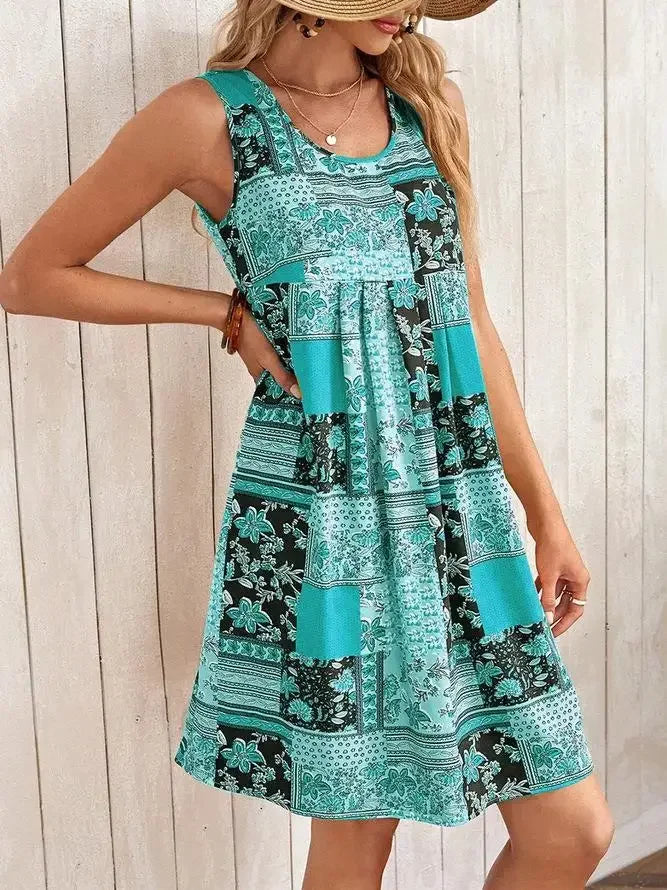 TUME Women's Fashion Print Dress Knee-Length Skirt Sleeveless Regular Waistline Cross-Border Summer New Arrival