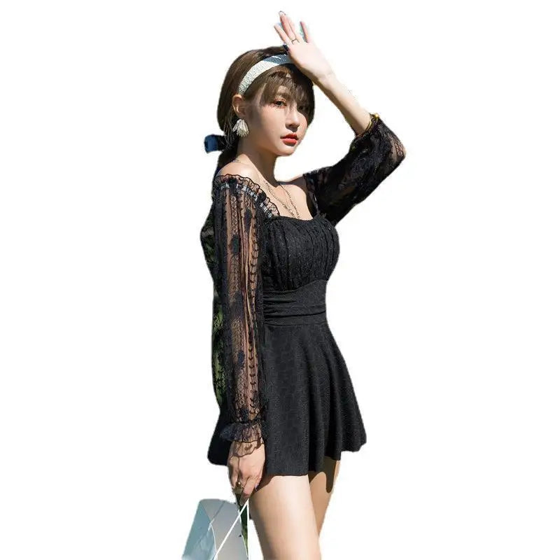 Conservative plus Size One Piece Swimsuit Women's Dress Style Thermal Spa Swimming Costume Belly Cover Slimming Sexy Meat Cover