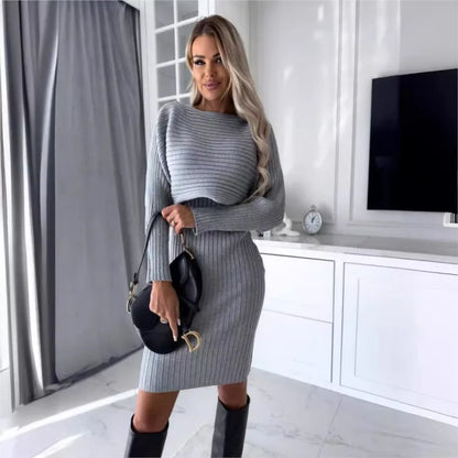 Fashion Long Sleeve Knitted Sweater And Dress Two Piece Sets For Women 2025 Autumn Winter Outfits Warm Sexy Bodycon Drsses Sets