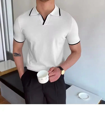 Summer Men's Knit Short Sleeve Polo Shirt Korean Style Slim Fit Solid Color Ice Silk Casual T-shirt Base Layer Top
