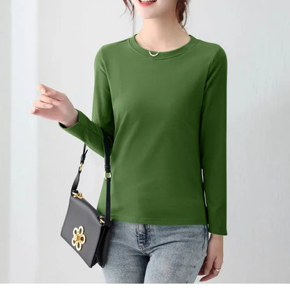 Korean Style Women's round Neck Long Sleeve Base Shirt Early Autumn New Pure Color Threaded Top Trendy T-shirt Slim Fit