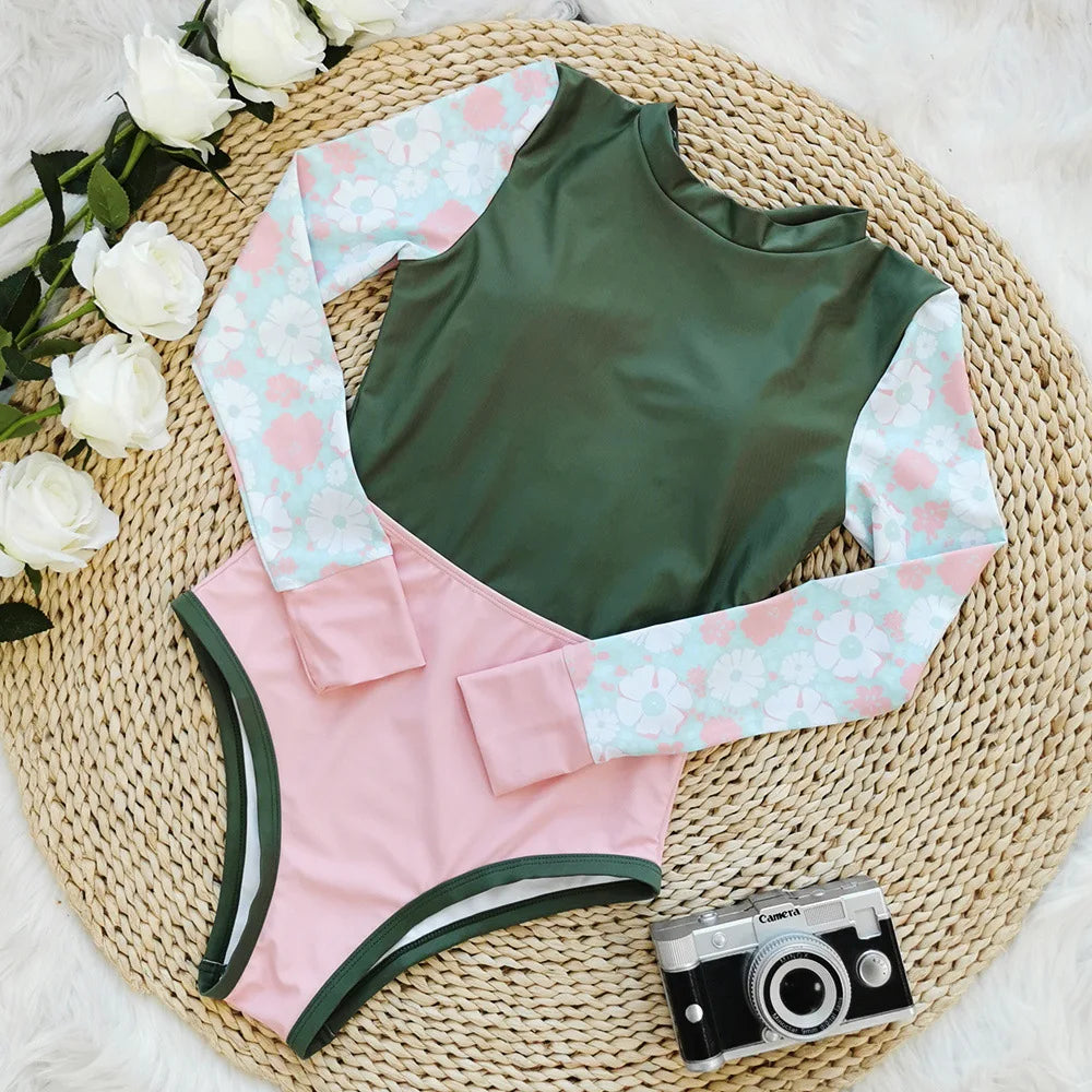 Women's Swimsuit 2024 Long Sleeve Rash Guard Bikini Surfing Suit One Piece Bodysuit Print Brasileño Push up Monokini Swimwear