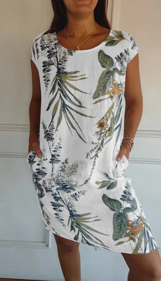 Spring Summer Hot Sale Of The Season Women's Cotton Linen Short Sleeve Printed Pocket round Neck Dress Elegant Style Comforta...