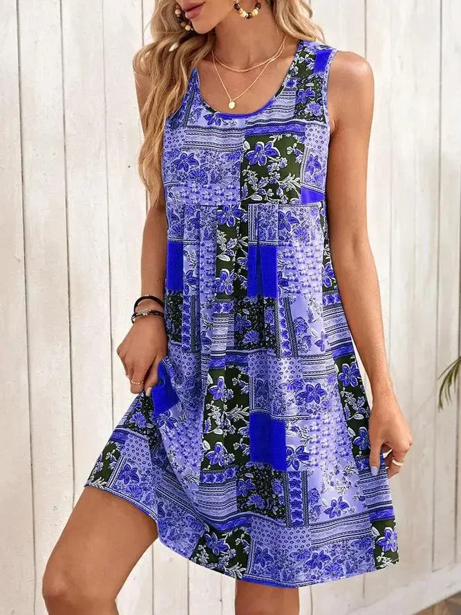 TUME Women's Fashion Print Dress Knee-Length Skirt Sleeveless Regular Waistline Cross-Border Summer New Arrival