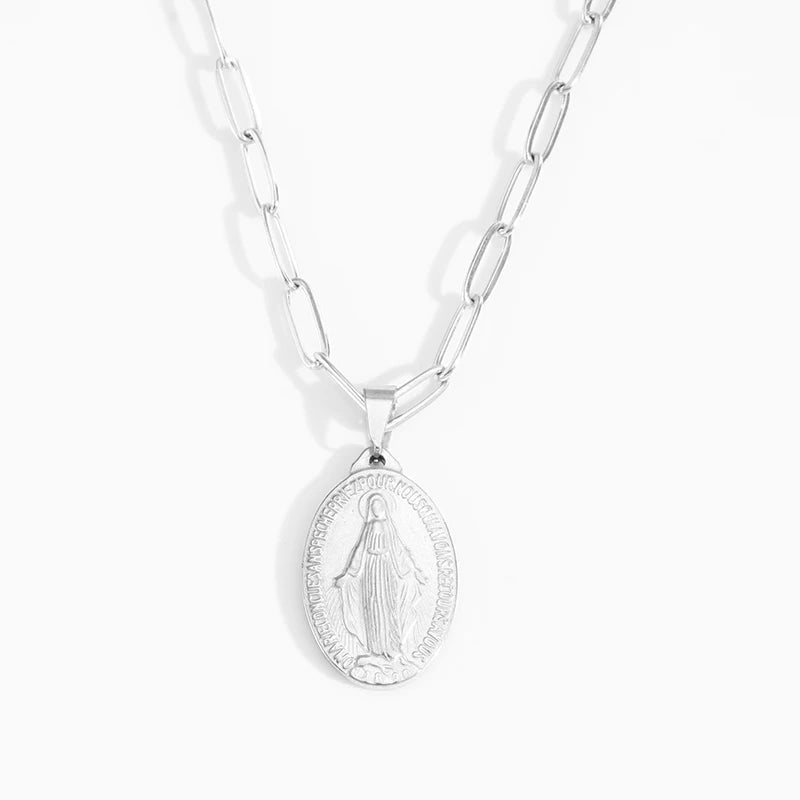 Stainless Steel Virgin Mary Necklace For Women Gold/Silver Color Metal Virgen Maria Medalla Cross Necklace Choker Religious
