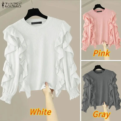 ZANZEA Woman Ruffles Trim Blouses O-Neck Long Sleeve Solid Color Ribbed Knit Patchwork Pullover Tops Spring Elegant Blusas Mujer