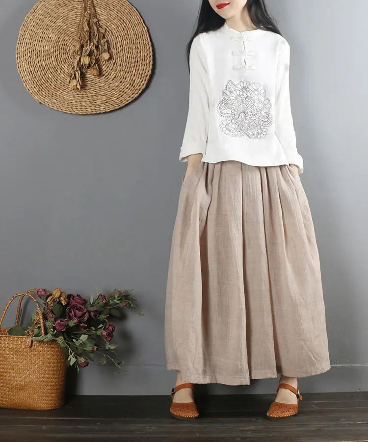 2022 Summer Chinese Style Ethnic Long Sleeve Women Retro Embroidery Blouse Red T-shirt Cotton Oversize Loose Ladies Casual Tops