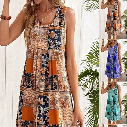 TUME Women's Fashion Print Dress Knee-Length Skirt Sleeveless Regular Waistline Cross-Border Summer New Arrival