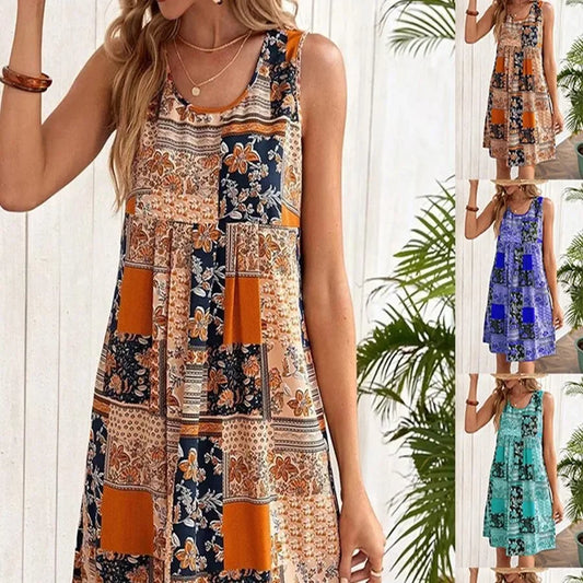 TUME Women's Fashion Print Dress Knee-Length Skirt Sleeveless Regular Waistline Cross-Border Summer New Arrival
