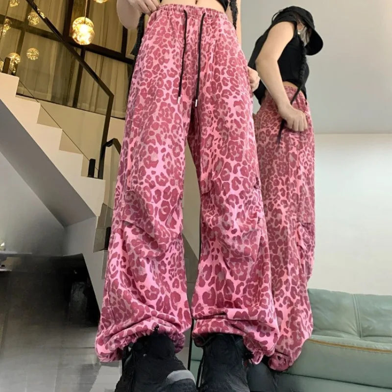 Matakawa Y2k Clothes Pink Leopard Women Pants Spring Autumn Streetwear Vintage Pantalones Mujer Hiphop Wide Leg Trousers