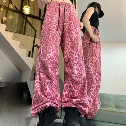 Matakawa Y2k Clothes Pink Leopard Women Pants Spring Autumn Streetwear Vintage Pantalones Mujer Hiphop Wide Leg Trousers