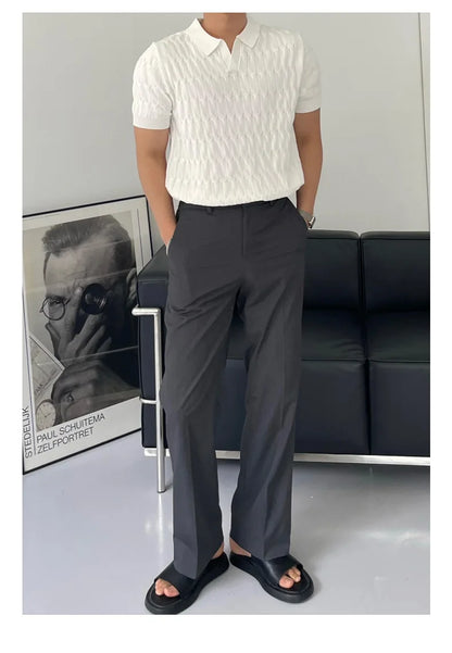 Summer Clothing Men's Luxury Knitted Jacquard Skinny Polo Shirt Korean Popular Breathable Leisure V Neck Short Sleeve Knitwear