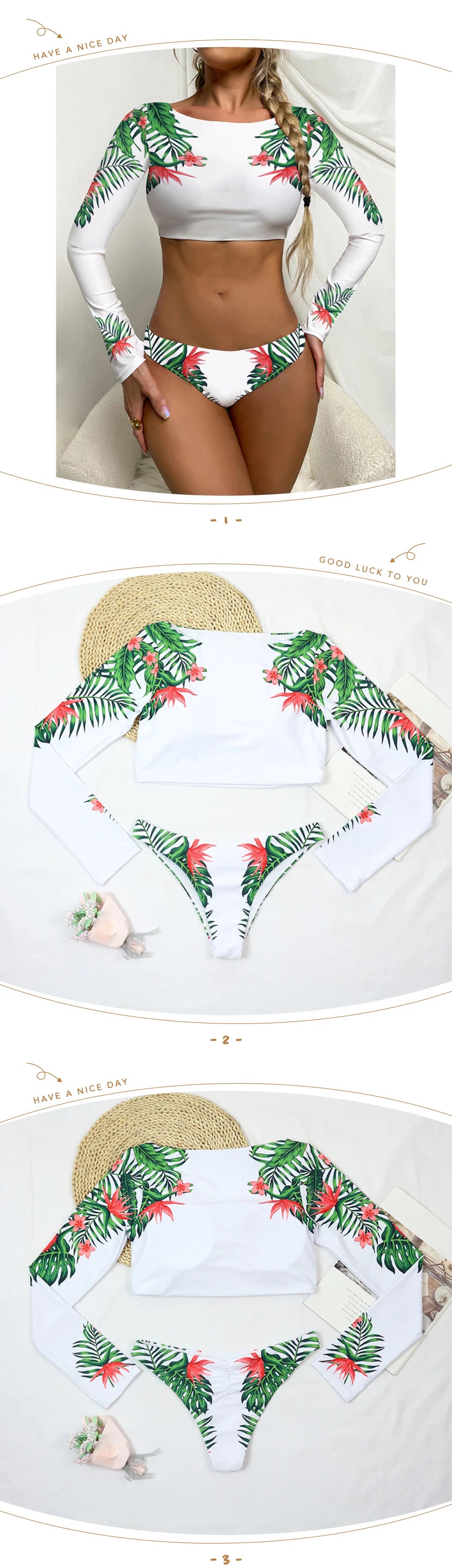 Women's Swimsuit 2024 Long Sleeve Rash Guard Bikini Surfing Suit One Piece Bodysuit Print Brasileño Push up Monokini Swimwear