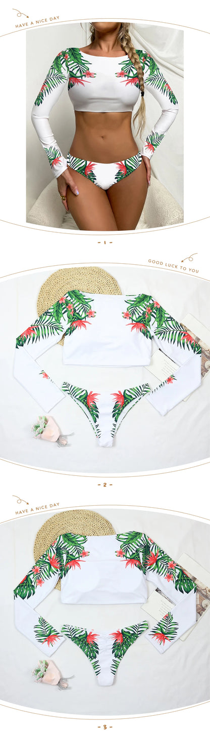 Women's Swimsuit 2024 Long Sleeve Rash Guard Bikini Surfing Suit One Piece Bodysuit Print Brasileño Push up Monokini Swimwear