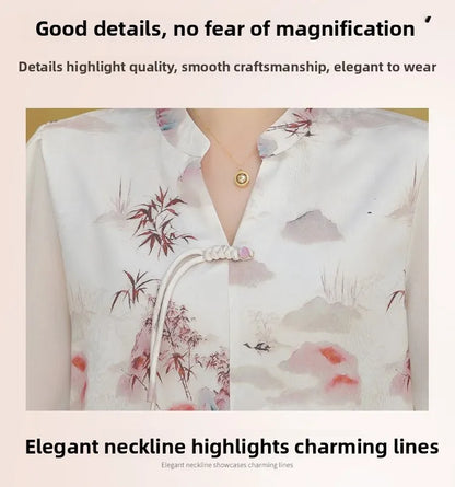 New Chinese Style Floral Print Chiffon Shirt Half Sleeve Women's Middle-Aged Spring Summer Top Mom's Fashionable Small Shirt