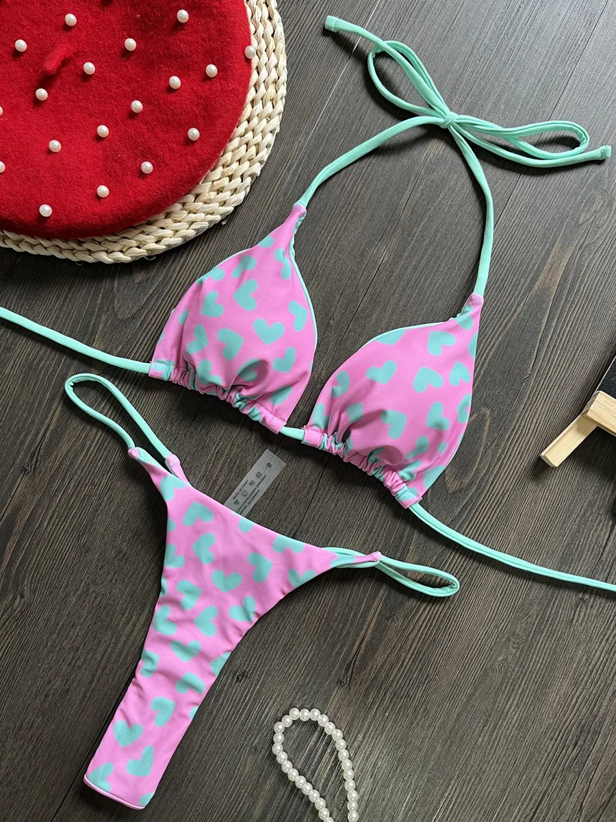 Printed Halter Wrinkled Bikinis Mini Micro Thong Bikini Female Swimsuit Women Swimwear Two-pieces Bikini Set Bathing Suit Swim