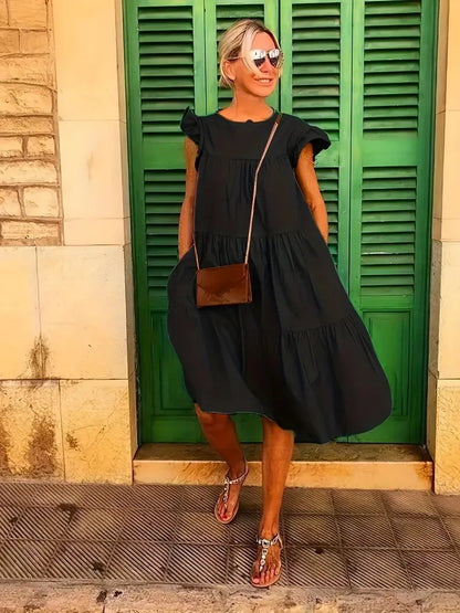Casual Loose Ruffles Dress Women Fashion O-neck Pure Color Short Sleeve Dresses For Women 2024 Summer White Beach Sumdress
