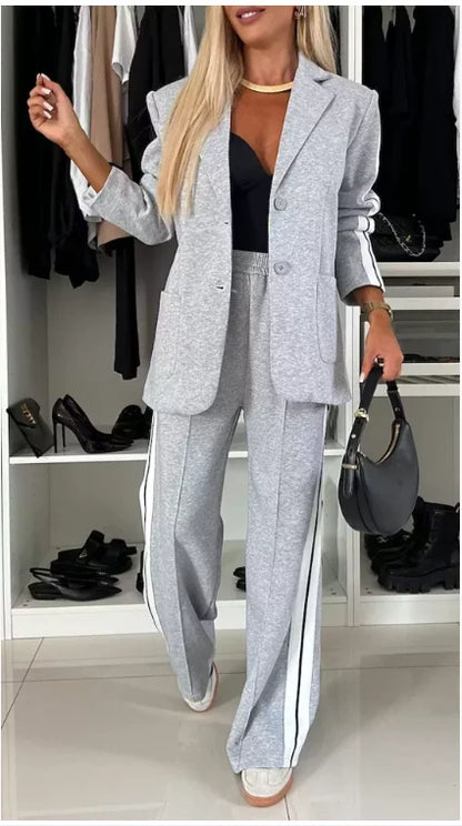 Casual Two Piece Sets Womens Outifits Fall Long Sleeved Patchwork Double Breasted Suit Coat Loose Pant Two-piece Set Winter 2024