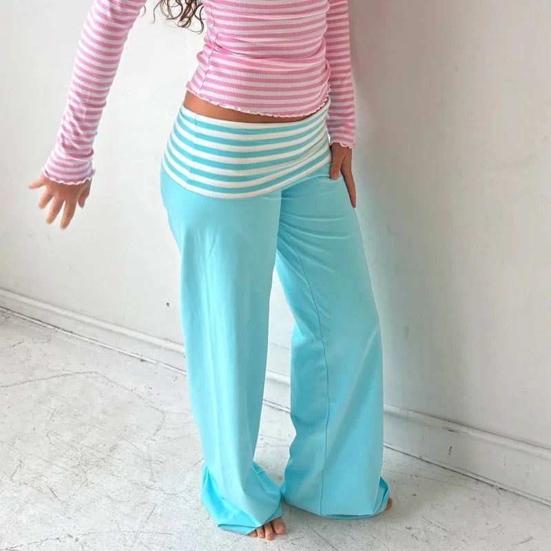 Womens Casual Pajama Pants Striped Low Waisted Lounge Pants Elastic Waist Drawstring Long Trousers