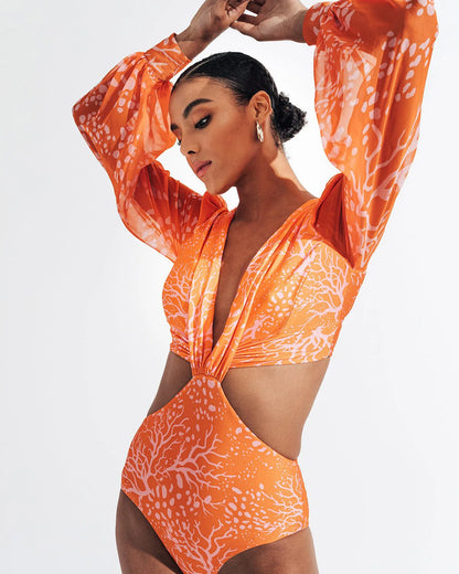 Women's Swimsuit 2024 Long Sleeve Rash Guard Bikini Surfing Suit One Piece Bodysuit Print Brasileño Push up Monokini Swimwear