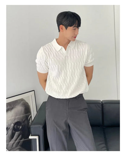 Summer Clothing Men's Luxury Knitted Jacquard Skinny Polo Shirt Korean Popular Breathable Leisure V Neck Short Sleeve Knitwear