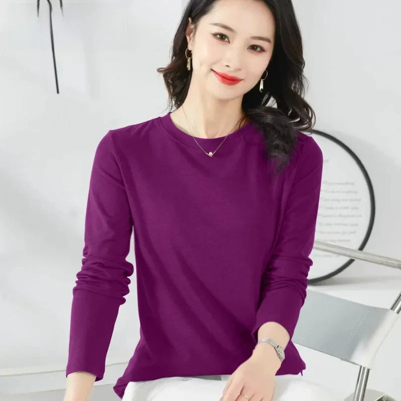 Korean Style Women's round Neck Long Sleeve Base Shirt Early Autumn New Pure Color Threaded Top Trendy T-shirt Slim Fit