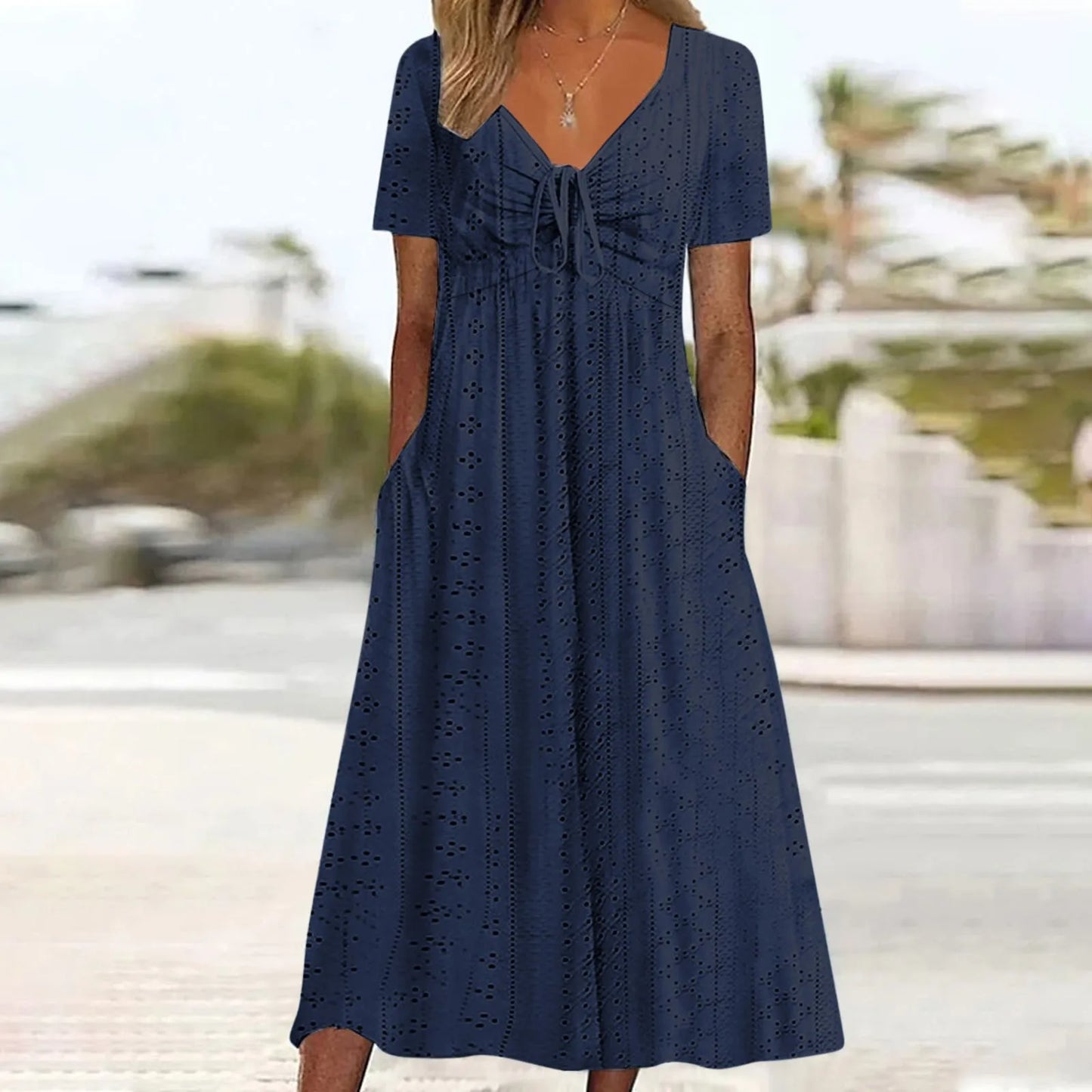 Women's Hollow Out Eyelet Beach Dress Solid Colour V-Neck Tie Short Sleeve Loose Long Dress With Pockets 2025 Boho Summer Dress
