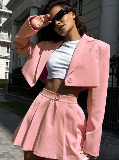 Fall Suit Skirt Suit Women's Solid Lapel Button Blazer Patchwork Pleated Skirt 2 Piece Skirt Suit FashionStreetwear Women's Y2k