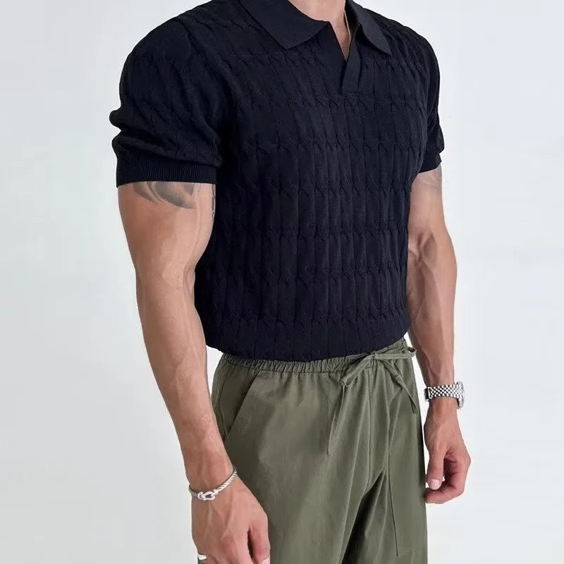 Summer Clothing Men's Luxury Knitted Jacquard Skinny Polo Shirt Korean Popular Breathable Leisure V Neck Short Sleeve Knitwear