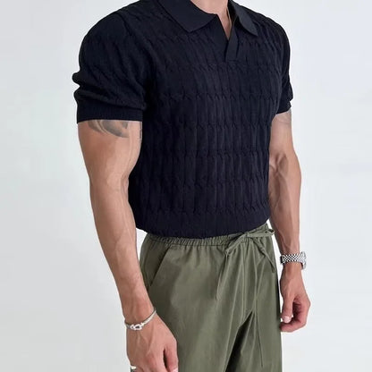 Summer Clothing Men's Luxury Knitted Jacquard Skinny Polo Shirt Korean Popular Breathable Leisure V Neck Short Sleeve Knitwear