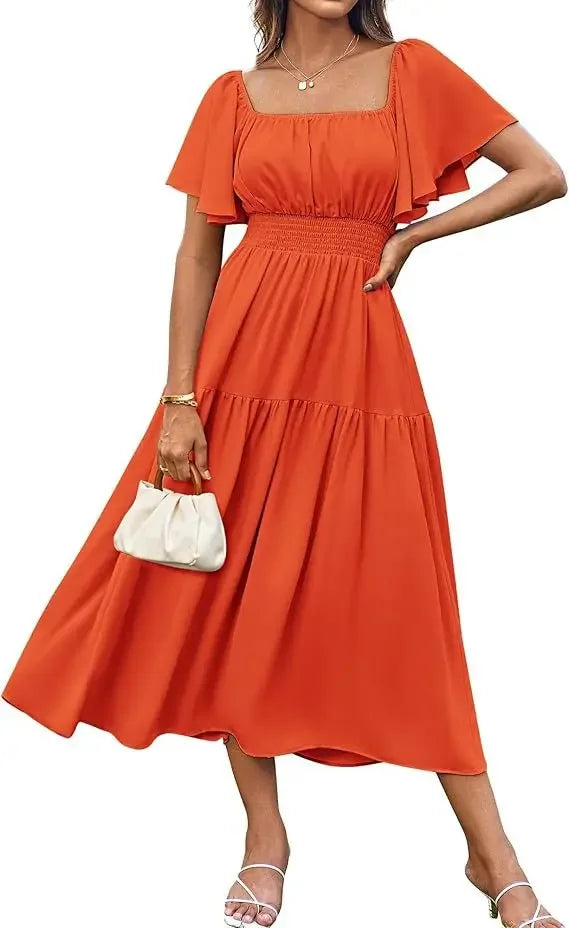 Elegant Summer Long Skirt for Women with Puffy Sleeves Square Collar Gathered Waist Loose Fit Knee-Length Holiday Dress