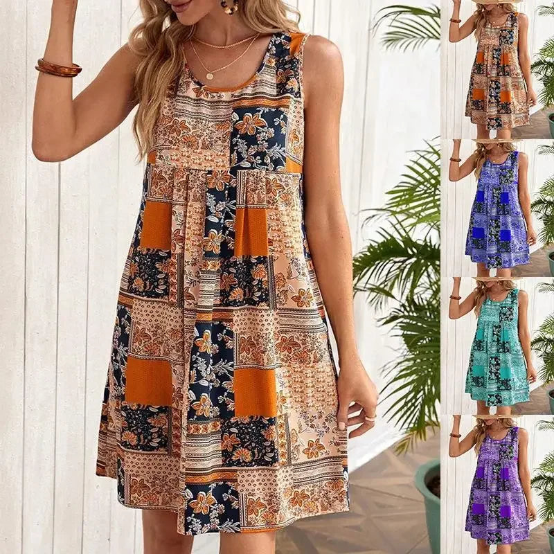 TUME Women's Fashion Print Dress Knee-Length Skirt Sleeveless Regular Waistline Cross-Border Summer New Arrival