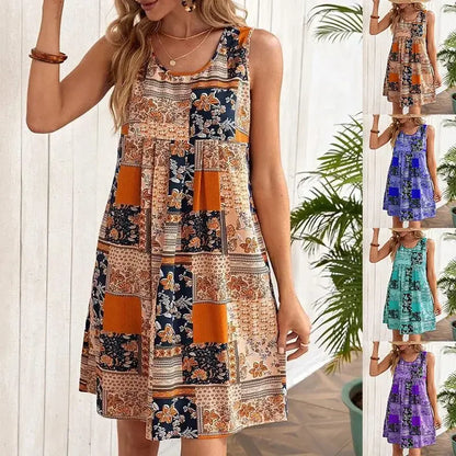 TUME Women's Fashion Print Dress Knee-Length Skirt Sleeveless Regular Waistline Cross-Border Summer New Arrival